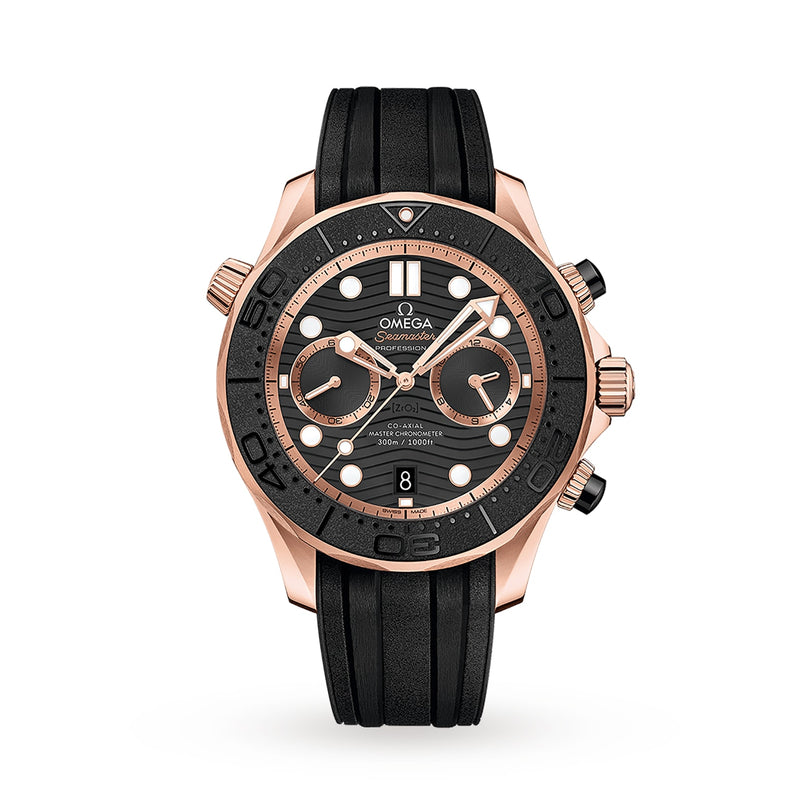 OMEGA Seamaster Diver 300M with chronograph, black dial, rose gold case, black bezel, two subdials, date at 6 o’clock, and a sleek black rubber strap.