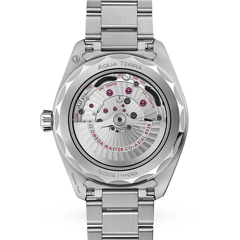 Back view of the OMEGA Seamaster Aqua Terra 150M, featuring a transparent caseback that reveals its intricate mechanical movement and highlights the “Omega Master Co-Axial 8900” text, reflecting Seamaster heritage craftsmanship.