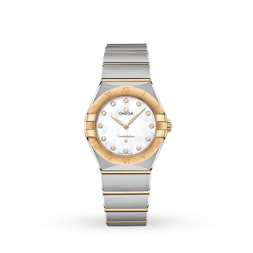 The OMEGA Constellation watch showcases an 18K yellow gold bezel, white mother-of-pearl dial with diamond hour markers, and a refined metal bracelet, all displayed on a white background.