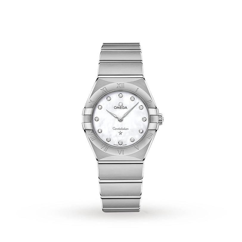 The OMEGA Constellation features a 28mm stainless steel case and band, complemented by a mother-of-pearl dial with diamond hour markers.