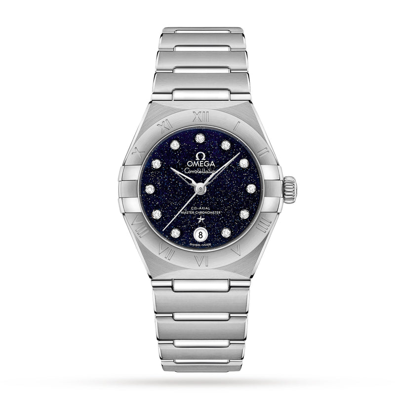 The OMEGA Constellation features a blue aventurine glass dial, diamond hour markers, date at 6 o’clock, Co-Axial Master Chronometer Calibre 8700, and a polished stainless steel bezel with Roman numerals.