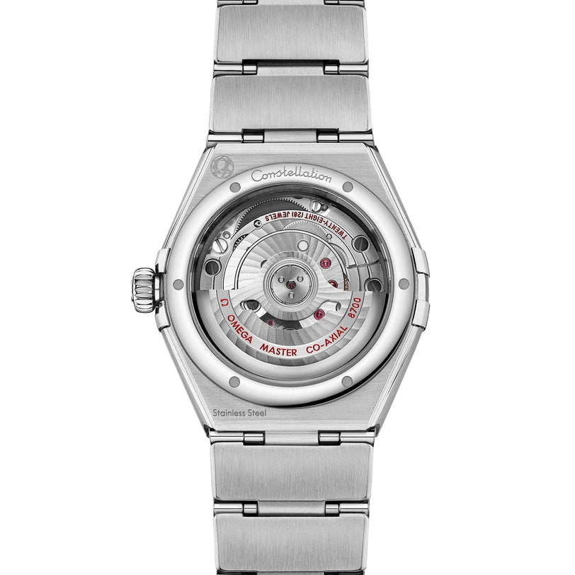 Back view of the OMEGA Constellation watch with a transparent caseback showcasing the mechanical movement inside.