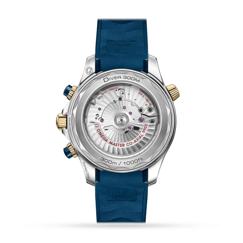 The back of the OMEGA Seamaster Diver 300M displays a transparent case revealing the movement, blue strap, gold and silver detailing, and boasts Master Chronometer certification.