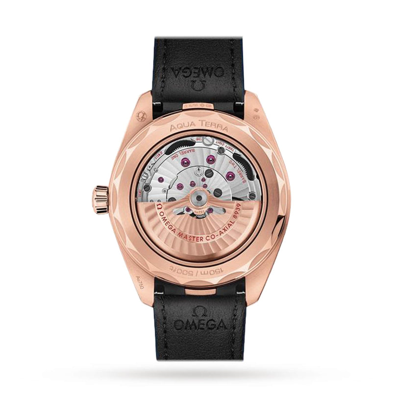 The back of the OMEGA Seamaster Aqua Terra 150M showcases its exposed automatic movement in an 18K Sedna™ Gold case, elegantly paired with a black leather strap.