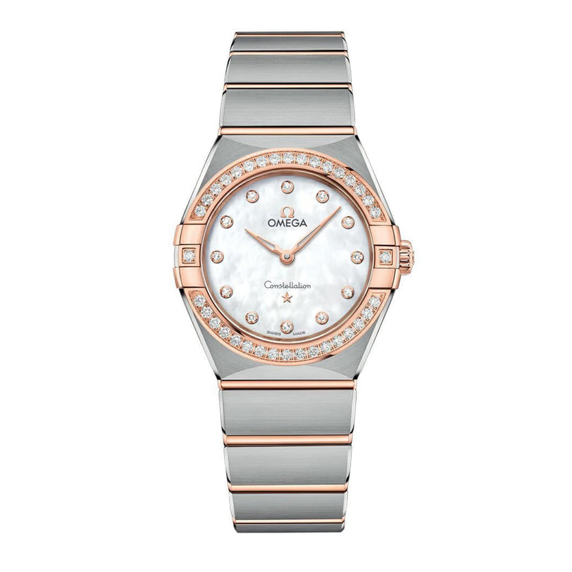 OMEGA Constellation watch featuring a silver and 18K Sedna™ Gold band, diamond hour markers, and a mother-of-pearl face.