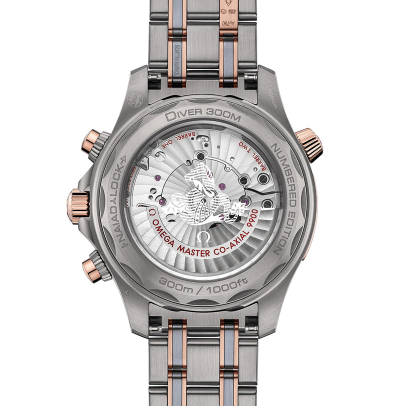 Back view of the OMEGA Seamaster, displaying its transparent case back with Calibre 9900 movement details and engraved text on a two-tone metal and rose gold bracelet.