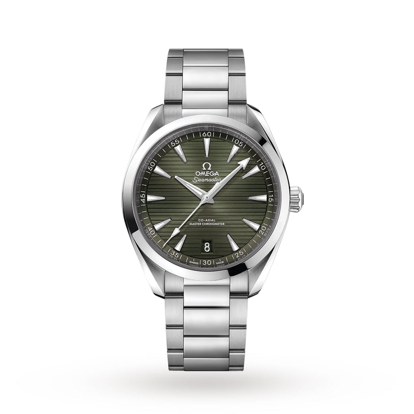 The OMEGA Seamaster Aqua Terra 150M features a stainless steel case, green textured dial with silver markers, date at 6 oclock, Omega branding, and Master Chronometer 8900 calibre movement, shown on a white background.