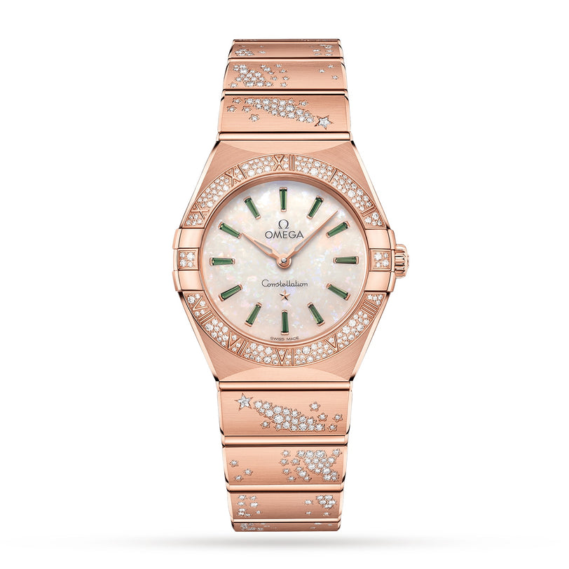The OMEGA Constellation features an 18K Sedna™ gold case, mother-of-pearl dial with diamond hour markers, and snow-paved diamonds in star and comet patterns on the bezel and bracelet.