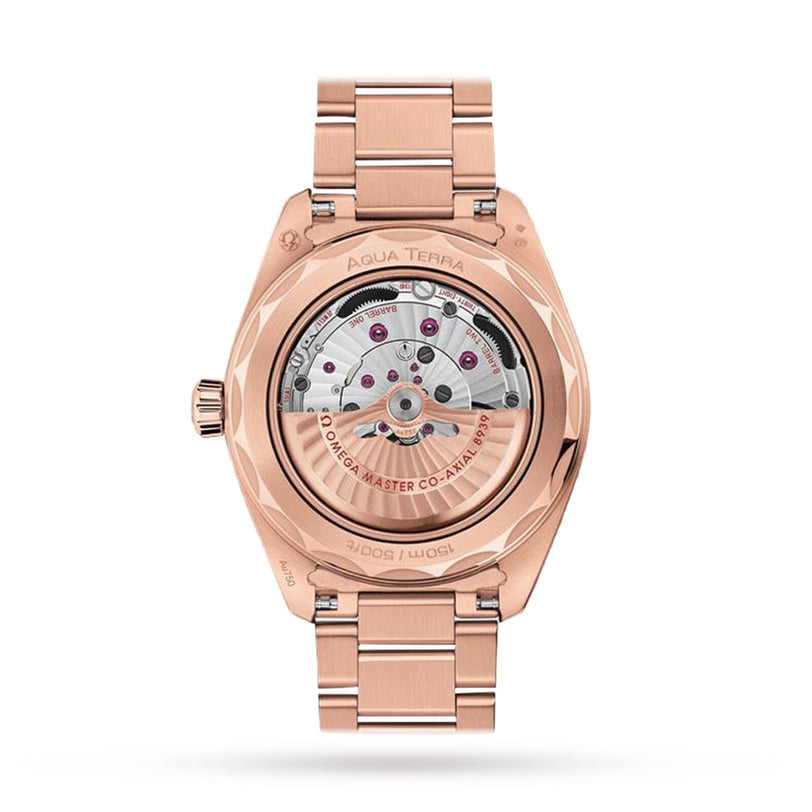 The back view of the OMEGA Seamaster Aqua Terra 150M in 18K Sedna gold reveals a transparent case showcasing its intricate Master Chronometer Calibre 8939 movement and engraved details.