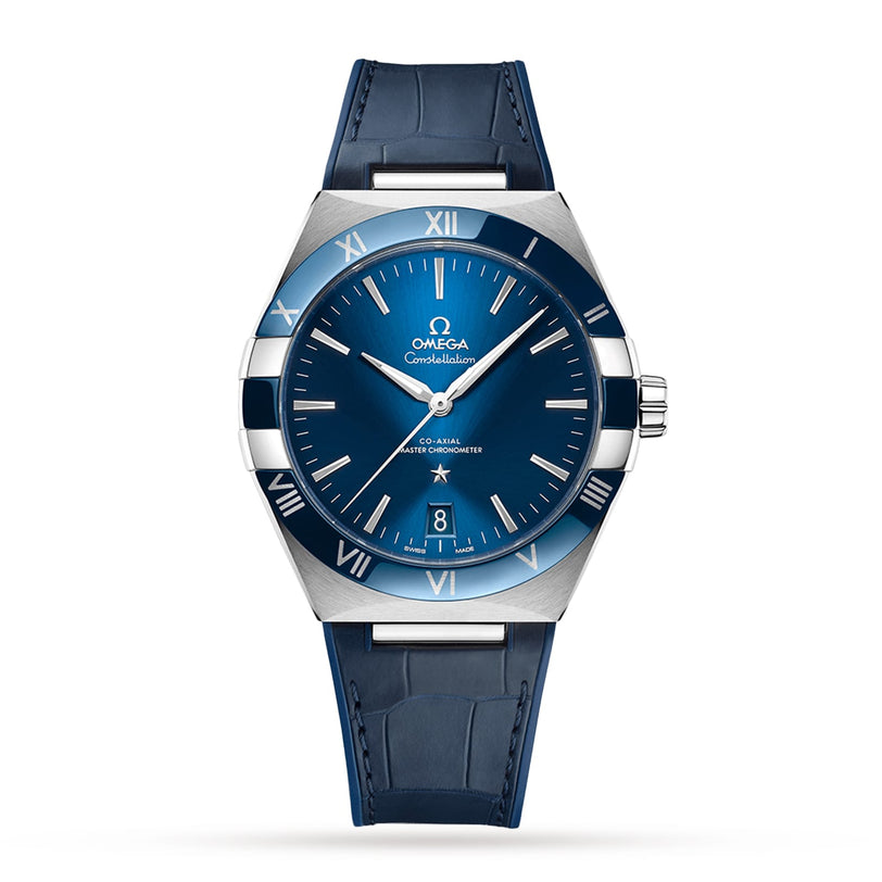 The OMEGA Constellation watch showcases a blue dial, blue ceramic bezel with silver Roman numerals, date at 6 o’clock, and a blue leather strap on a white background.