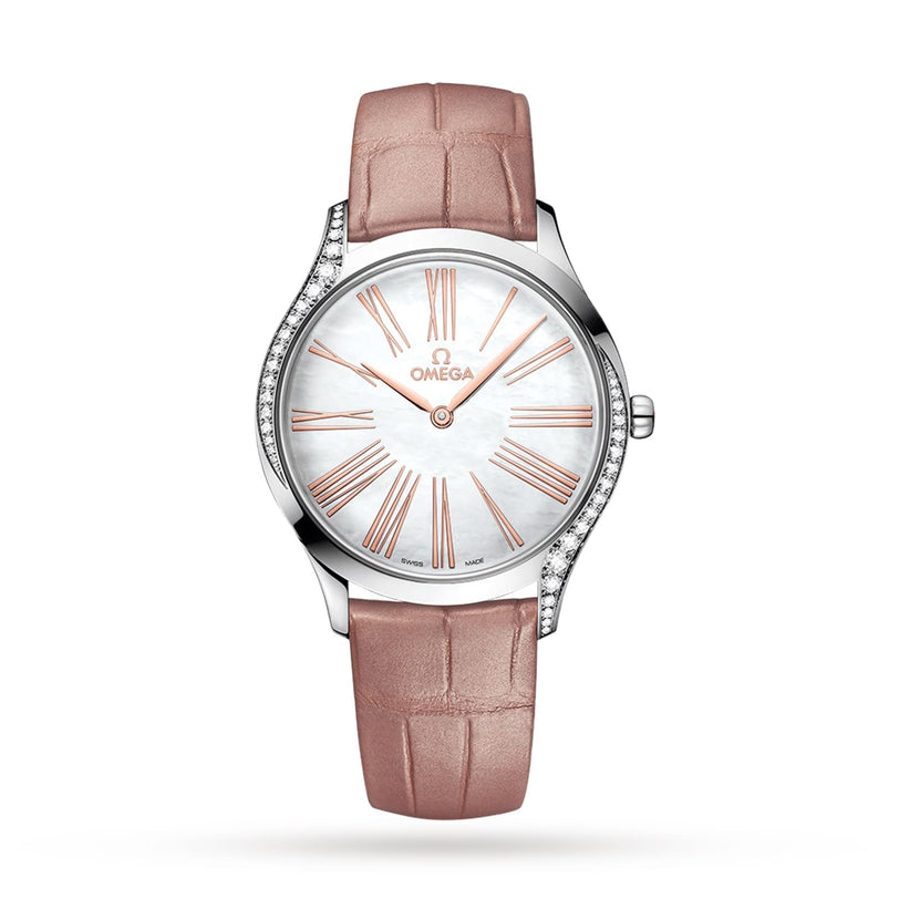 The OMEGA De Ville Trésor is a silver wristwatch with a pink leather strap, mother-of-pearl dial, diamond-paved bezel, white face, and rose gold Roman numerals and hands.