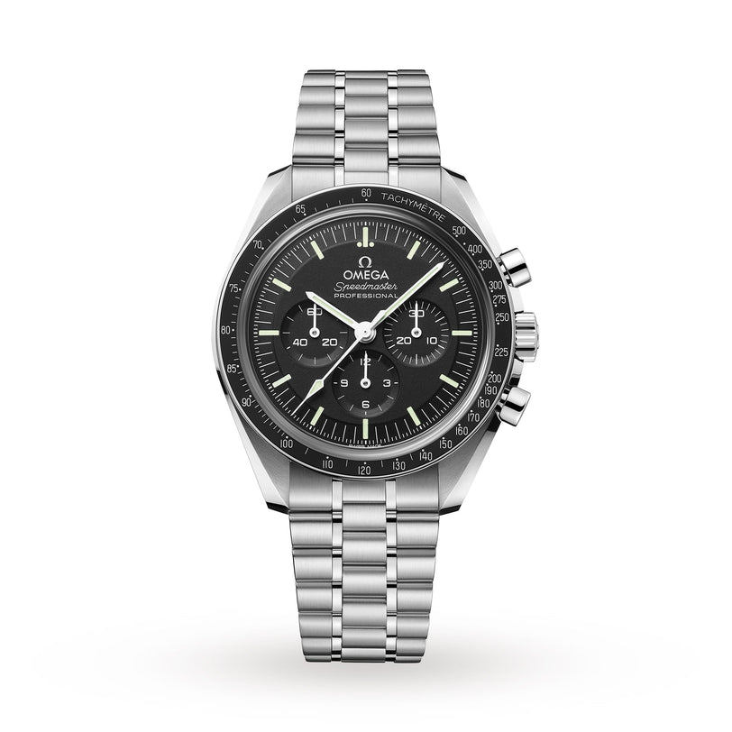 An OMEGA Speedmaster Moonwatch Professional wristwatch with a black dial, chronograph subdials, tachymeter bezel, and stainless steel bracelet is displayed on a white background.