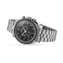 An OMEGA Speedmaster Moonwatch Professional in stainless steel features a black chronograph dial and tachymeter bezel on a metal bracelet, set against a white background. This iconic watch is Master Chronometer certified.