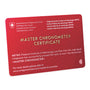 A red METAS Master Chronometer card certifies the OMEGA Speedmaster Moonwatch Professional has passed all tests, featuring a website link at the bottom.