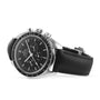 An OMEGA Speedmaster Moonwatch Professional in stainless steel featuring a black dial with three subdials, tachymeter bezel, black leather strap, 3861 calibre movement, and Master Chronometer certification.