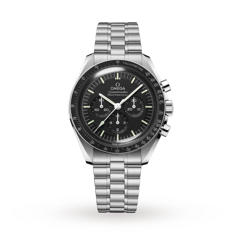 An OMEGA Speedmaster Moonwatch Professional with stainless steel case, black dial, three subdials, tachymeter bezel, and metal link bracelet is displayed on a white background.