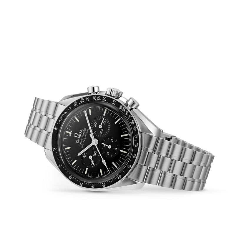 The OMEGA Speedmaster Moonwatch Professional, a stainless steel watch with a black dial, chronograph subdials, tachymeter bezel, and metal bracelet, is shown against a white background.