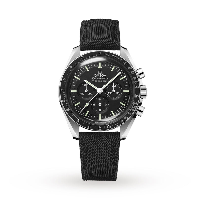 The OMEGA Speedmaster Moonwatch Professional features a black dial with three subdials, black fabric strap, silver case, and 3861 calibre movement, shown on a white background.