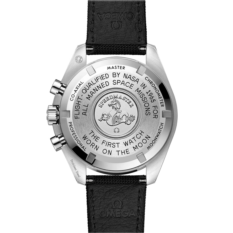 Close-up of the Speedmaster Moonwatch Professional by OMEGA, showing engraved NASA qualification text, details on being the first watch worn on the moon, the OMEGA logo, black strap, and its advanced calibre 3861 movement.