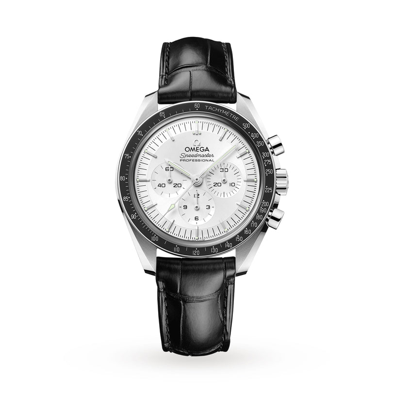 The OMEGA Speedmaster Moonwatch Professional features a silver case, white dial, black leather strap, and three chronograph subdials, displayed against a plain white background.