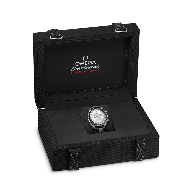 A silver OMEGA Speedmaster Moonwatch Professional wristwatch displayed in an open black presentation box featuring the OMEGA logo and name on the inside lid.