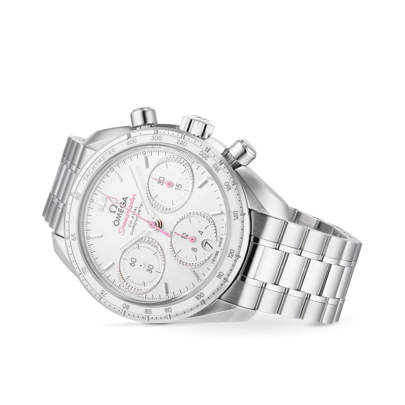 An OMEGA Speedmaster 38 chronograph wristwatch with stainless steel case, silver dial, three subdials, and a link bracelet is shown at an angle on a white background.