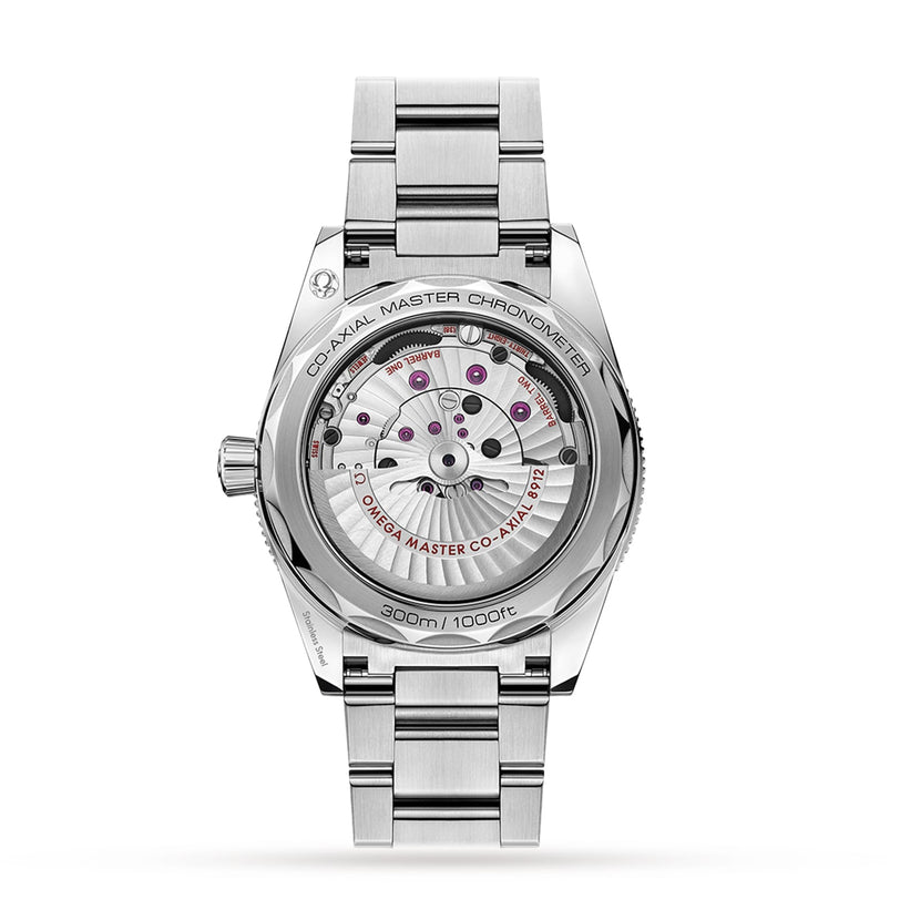 Back view of the OMEGA Seamaster 300 dive watch showcasing its stainless steel case, transparent caseback revealing the Co-Axial Master Chronometer movement, and engraved text along the edge.