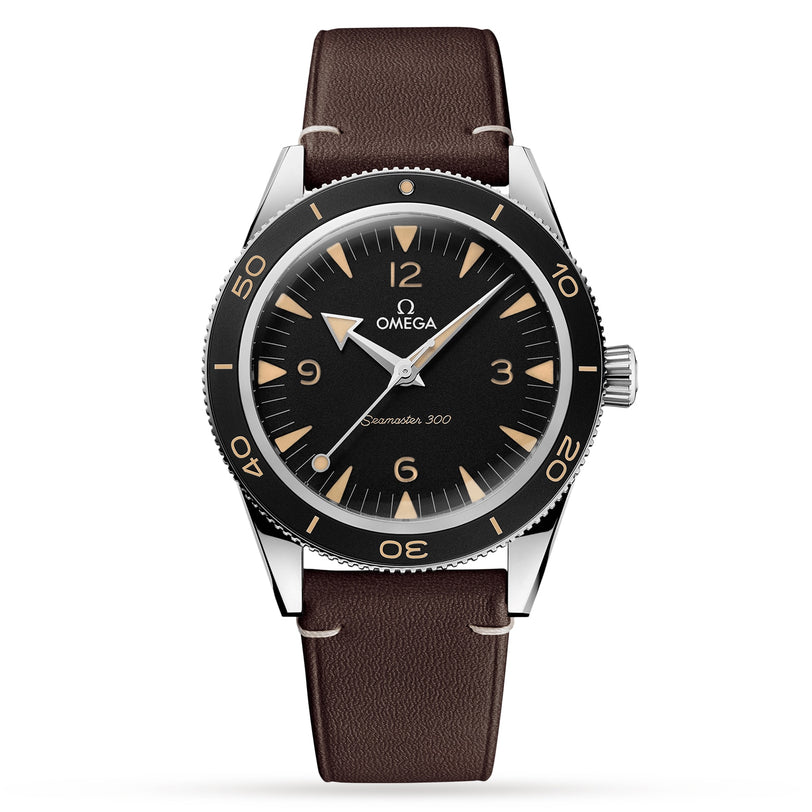 The OMEGA Seamaster 300 features a black dial with vintage-style hour markers, a brown leather strap, and is powered by the Co-Axial Master Chronometer Calibre 8912 movement.