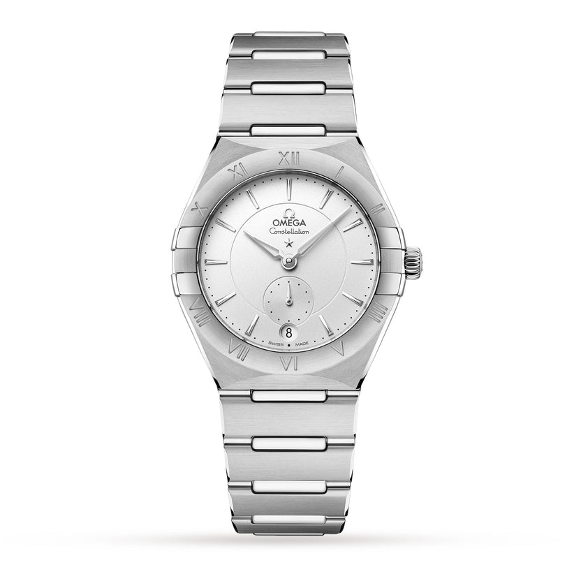 The OMEGA Constellation features a stainless steel case, silver dial with Roman numeral markers, Co-Axial Master Chronometer movement, date window at 6 o’clock, and a steel link bracelet.