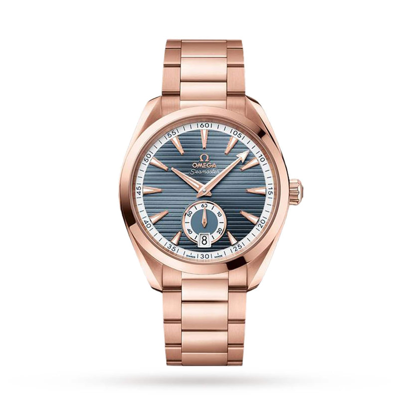 The OMEGA Seamaster Aqua Terra 150M features a blue textured dial, 18K Sedna™ gold hour markers, date at six o’clock, and a matching rose gold bracelet, powered by the Co-Axial Master Chronometer calibre 8917.