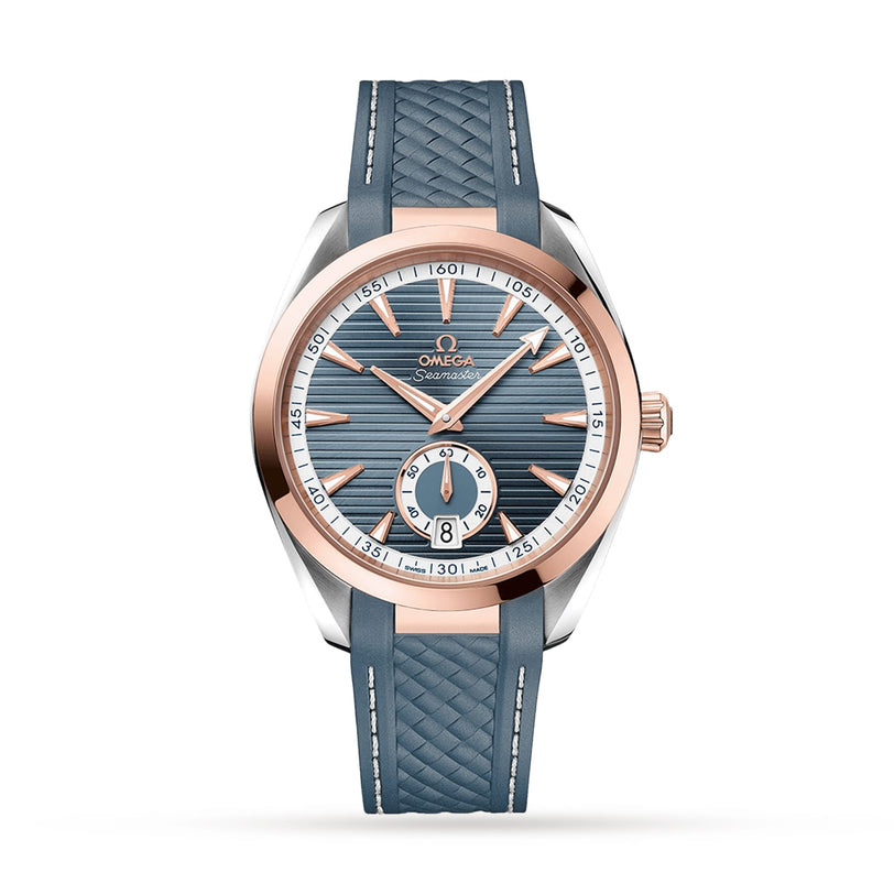 The OMEGA Seamaster Aqua Terra 150M features a blue textured strap, blue dial, Sedna™ gold accents, and silver case, proudly displaying the iconic Seamaster logo.
