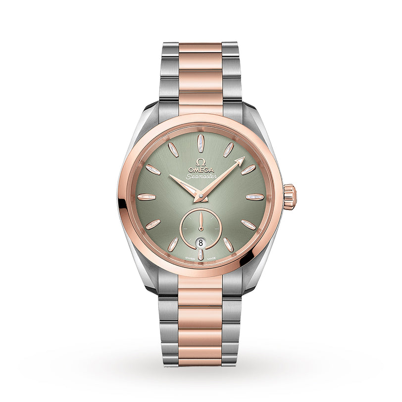 The OMEGA Seamaster Aqua Terra 150M features a green dial, rose gold bezel and accents, a silver and rose gold bracelet, date at 6 o’clock, and is powered by the master chronometer certified Calibre 8802 movement.