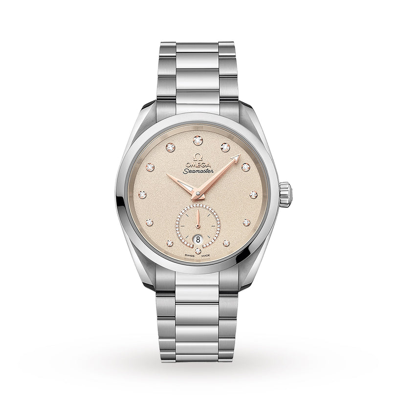 The OMEGA Seamaster Aqua Terra 150M is a silver wristwatch with a light beige dial, diamond hour markers, small seconds subdial at 6 o’clock, metal bracelet, and precise calibre 8802 movement, shown against a white background.