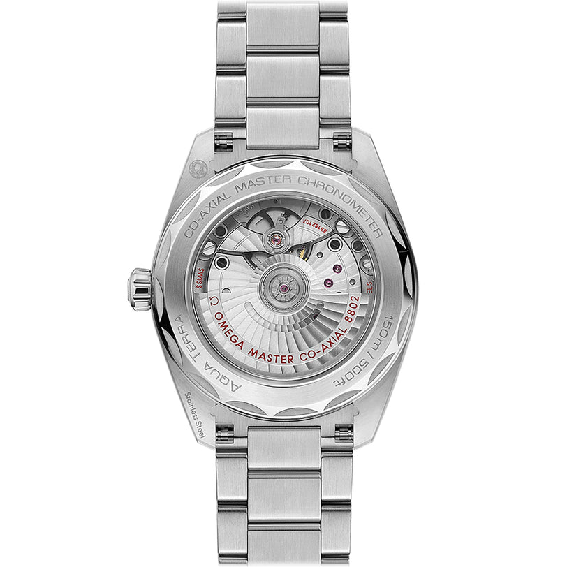 Back view of the OMEGA Seamaster Aqua Terra 150M reveals the exposed 8802 calibre movement, engraved rotor, and signature branding on its stainless steel bracelet.