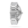 Back view of the OMEGA Seamaster Aqua Terra 150M in silver, highlighting the metal bracelet, Omega-logo clasp, and a glimpse of the transparent case back with the 8802 calibre movement.