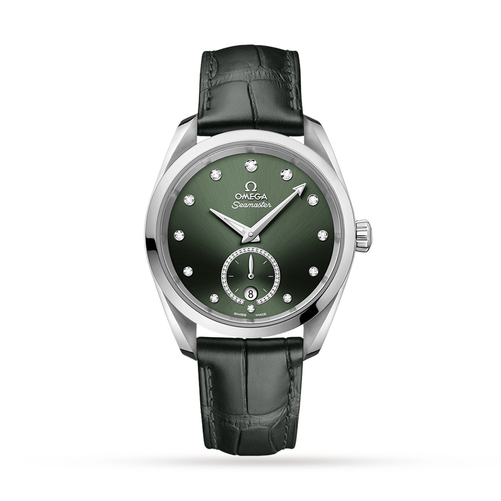 The OMEGA Seamaster Aqua Terra 150M, showcasing maritime heritage with a diamond-studded dial, silver indices, and a green leather strap, is elegantly displayed against a white background.