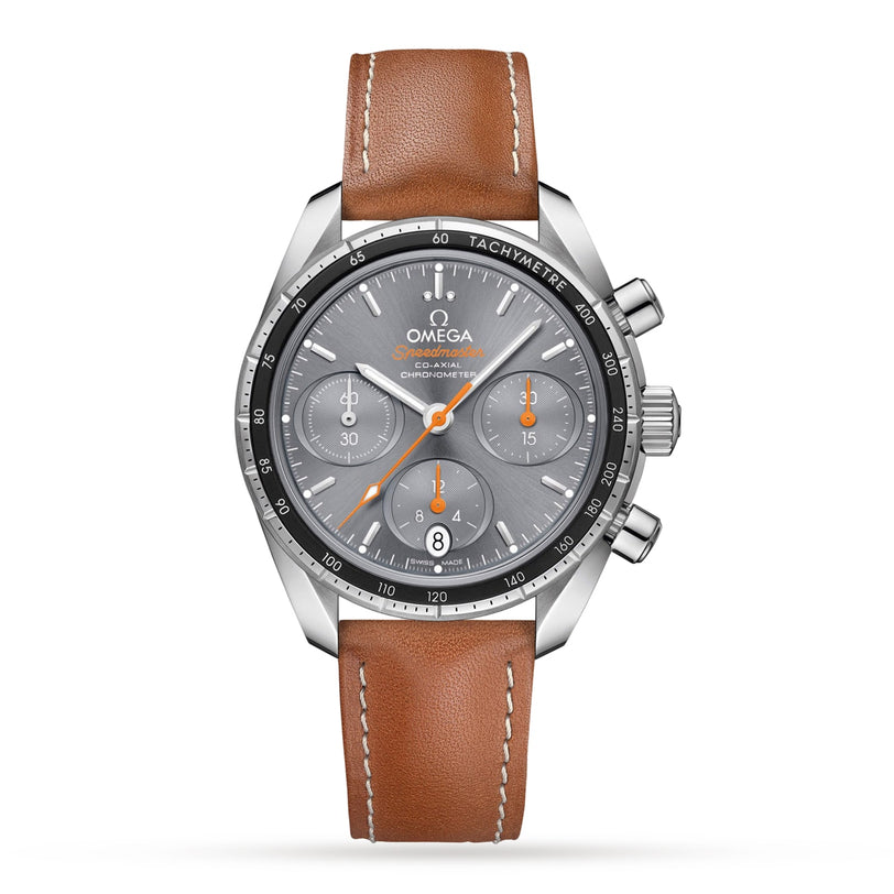 The OMEGA Speedmaster 38 features a stainless steel case, gray dial with three subdials, brown leather strap, and tachymeter bezel for a sporty look, shown on a white background.
