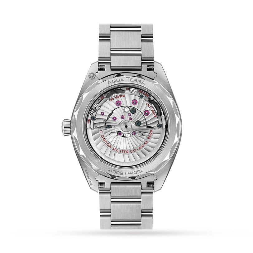 The back view of the OMEGA Seamaster Aqua Terra 150M showcases its exposed automatic movement and stainless steel bracelet, embodying the brand’s legendary maritime heritage.