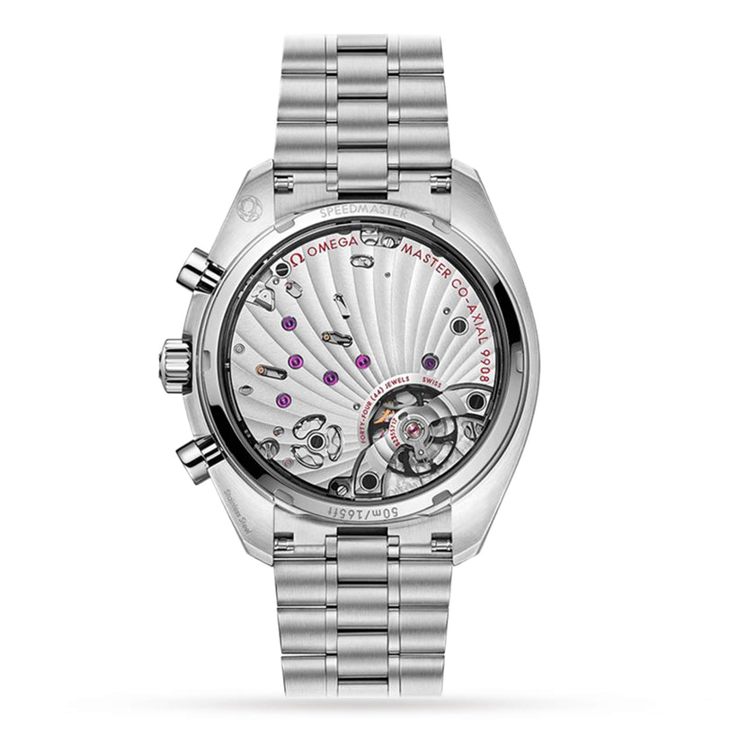 Back view of the OMEGA Speedmaster Chronoscope, featuring an exposed movement and detailed mechanics visible through a transparent case back, complemented by a stainless steel bracelet.