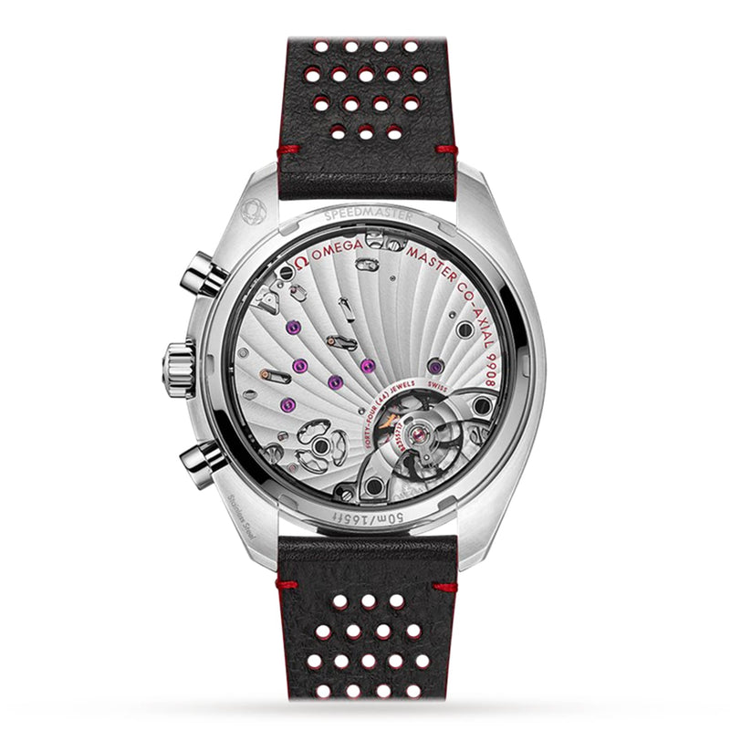 Back view of the OMEGA Speedmaster Chronoscope featuring its 43mm stainless steel case, visible mechanical movement through a sapphire crystal caseback, and a black perforated leather strap with red accents.