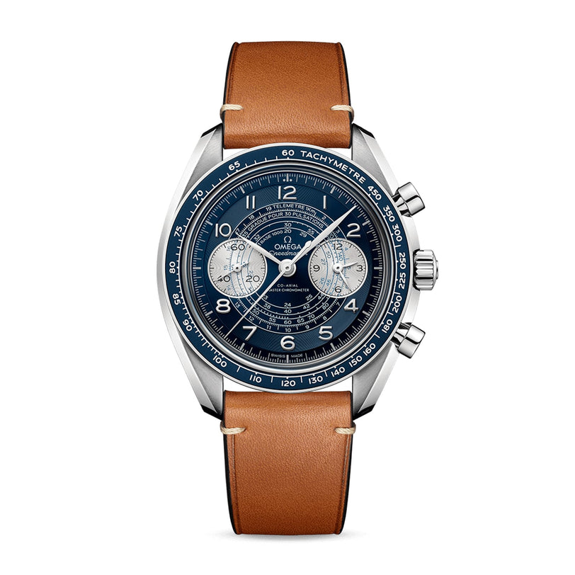 The OMEGA Speedmaster Chronoscope features a blue dial, silver chronograph subdials, tachymeter bezel, brown leather strap, and is powered by the precise 9908 calibre movement, celebrating Speedmaster heritage.
