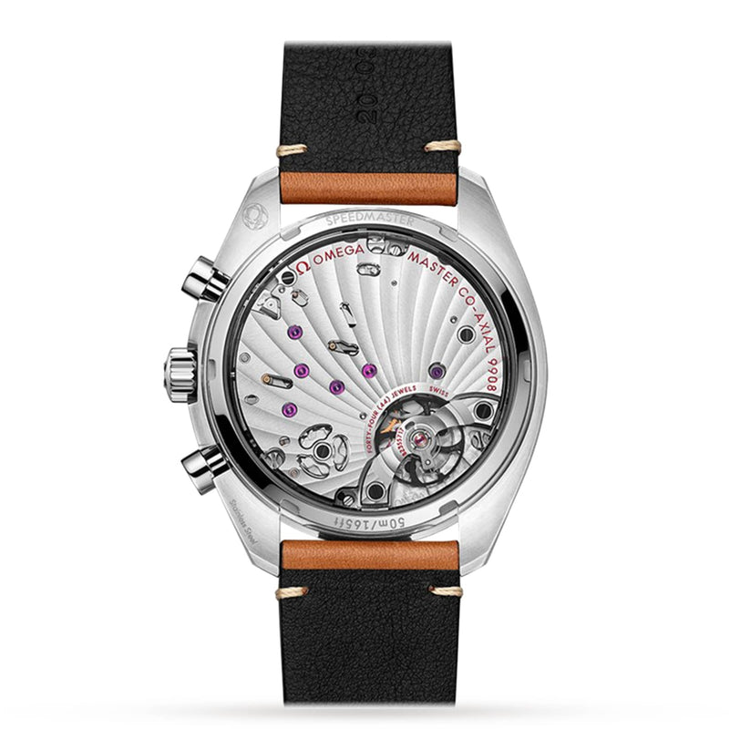 Back view of the OMEGA Speedmaster Chronoscope features the 9908 calibre, black and brown leather strap, and case back with SPEEDMASTER, MASTER CO-AXIAL, and 9908 engravings—emphasizing its iconic heritage.
