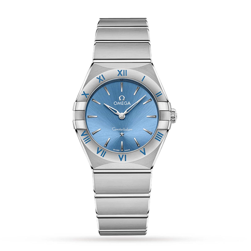 An OMEGA Constellation wristwatch featuring a celestial blue dial with Roman numerals and a stainless steel bracelet, shown on a white background.