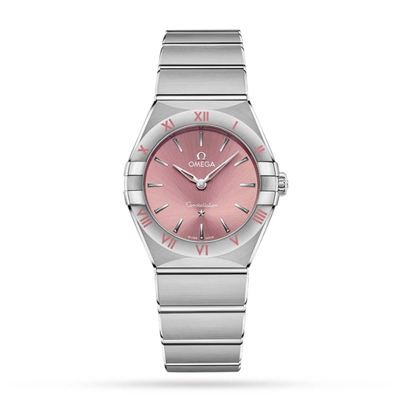 A stainless steel OMEGA Constellation wristwatch with a blush rose dial, Roman numerals, and a stainless steel bracelet; the watch face features the OMEGA logo and Constellation branding.