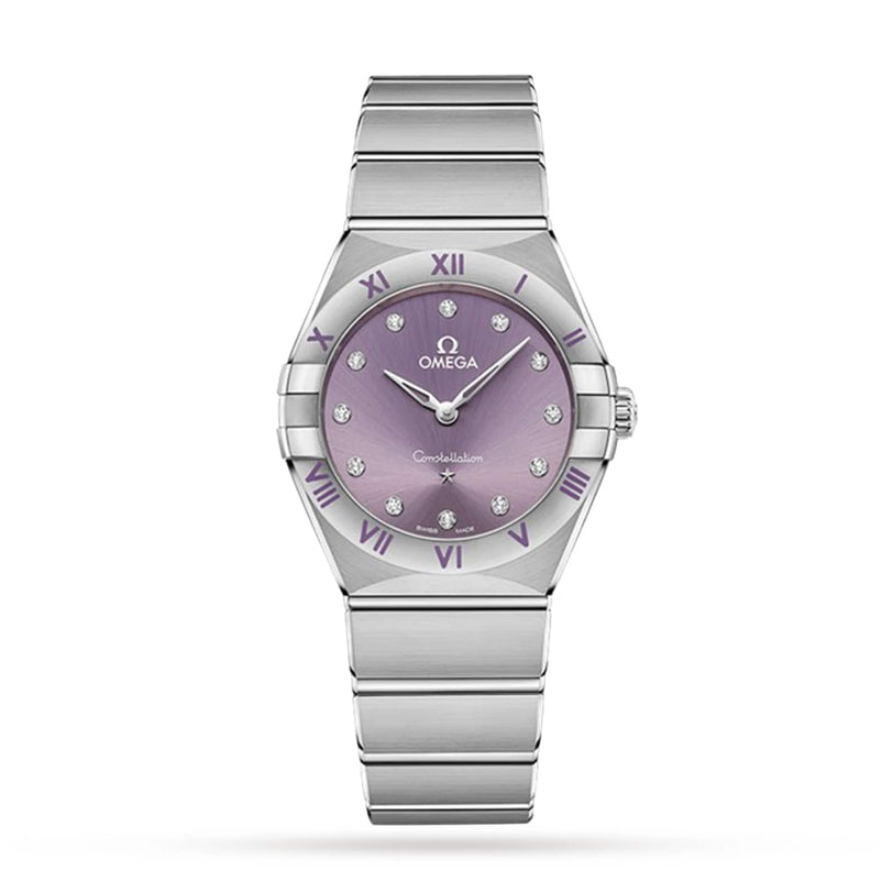The OMEGA Constellation, a stainless steel watch with a Patchouli Blossom purple dial, diamond hour markers, Roman numerals, and a matching bracelet, is displayed on a white background.
