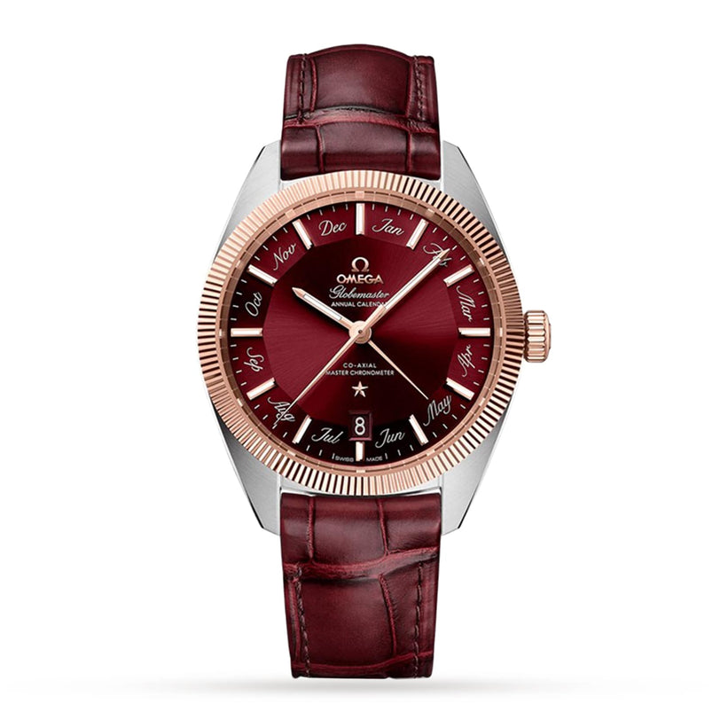 The OMEGA Constellation Globemaster is a red wristwatch with a leather strap, gold bezel, and a dial showing months and date. It features silver hour markers and hands plus an Annual Calendar function for added style.