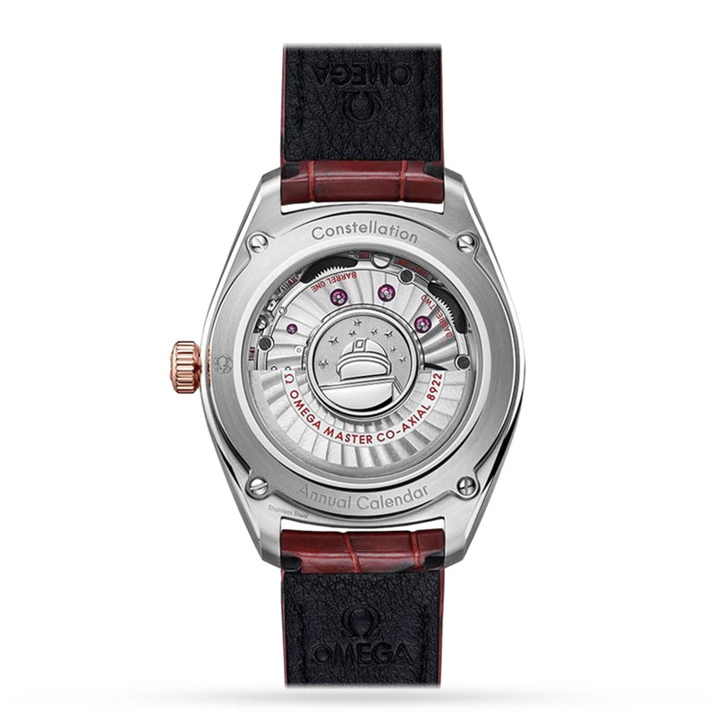 Back view of the OMEGA Constellation Globemaster watch, showcasing a transparent case back, visible Master Chronometer movement, and leather strap with OMEGA branding.