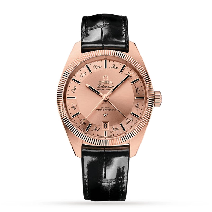 The OMEGA Constellation Globemaster in 18K Sedna™ Gold features a rose gold case, black leather strap, month display around the dial, date at 6 o’clock, and is certified as a Master Chronometer.