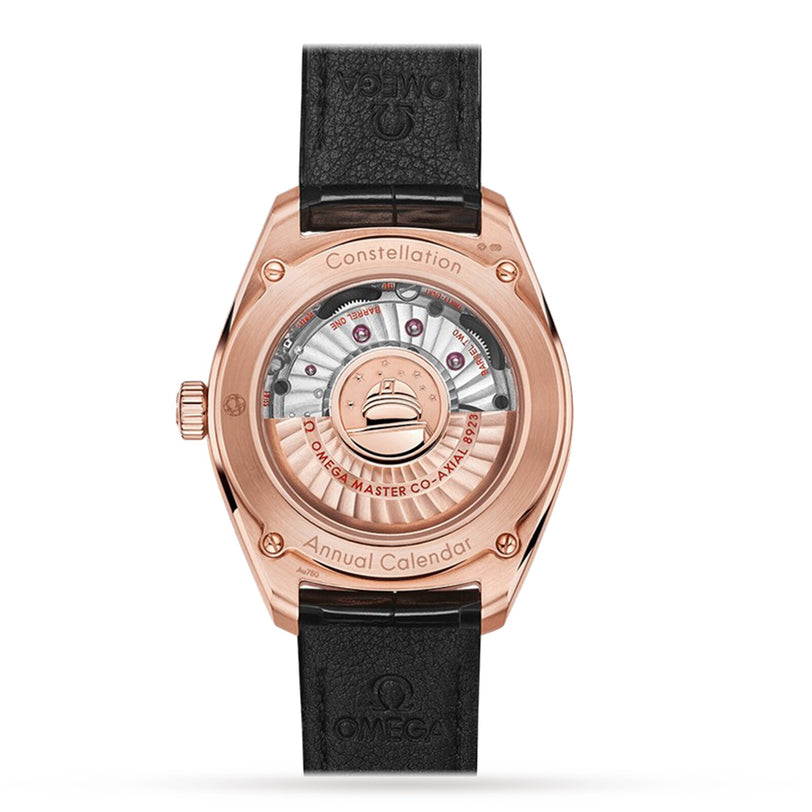 Back view of the OMEGA Constellation Globemaster, highlighting its 18K Sedna™ Gold case, transparent caseback displaying the Master Chronometer movement, and a black leather strap.