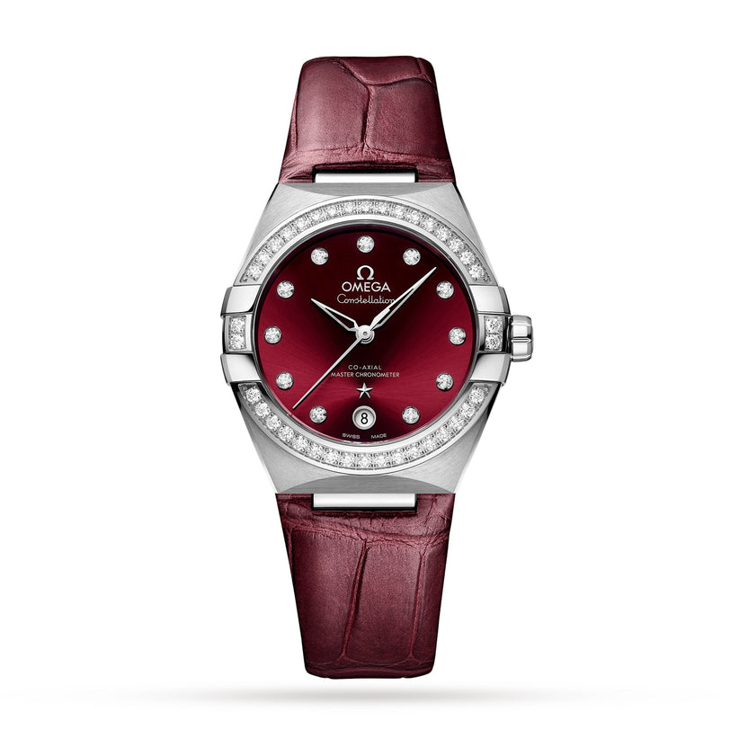 The OMEGA Constellation is a luxury wristwatch with a burgundy leather strap, stainless steel case, diamond hour markers, a burgundy dial with the OMEGA logo and Constellation branding, powered by the Master Chronometer 8800 calibre movement.